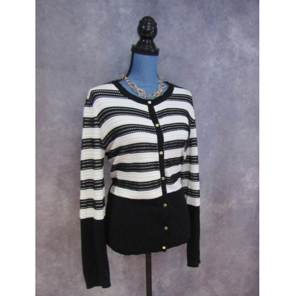 Calvin Klein Black & White Cardigan Gold Buttons L - Picture 2 of 7